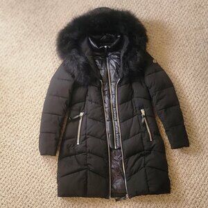 Calvin Klein Puffer Coat w/Attached Bib Hooded Faux Fur Jacket